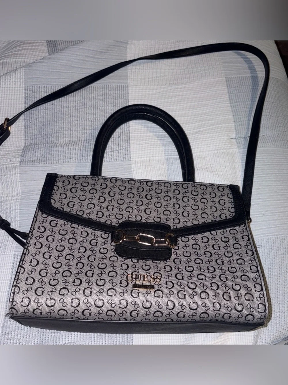 GUESS Gray & Black Logo Satchel with Gold Hardware